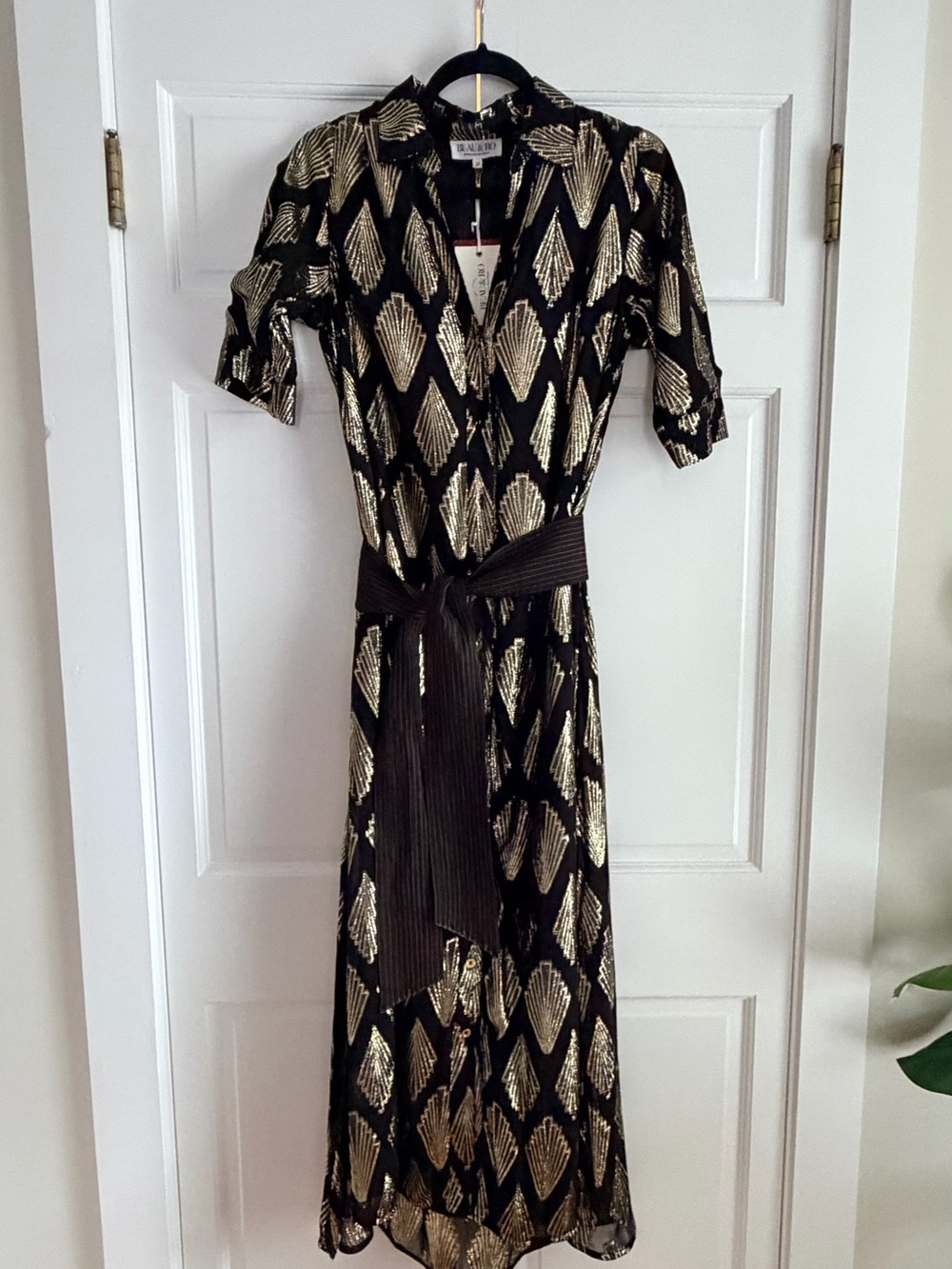 Beau & Ro Black and Gold Metallic Midi Wrap Dress with Belt